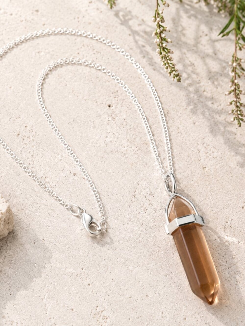 Golden Brown Healer Necklace Quartz Bullet Crystal Point Pendant Silver Chain